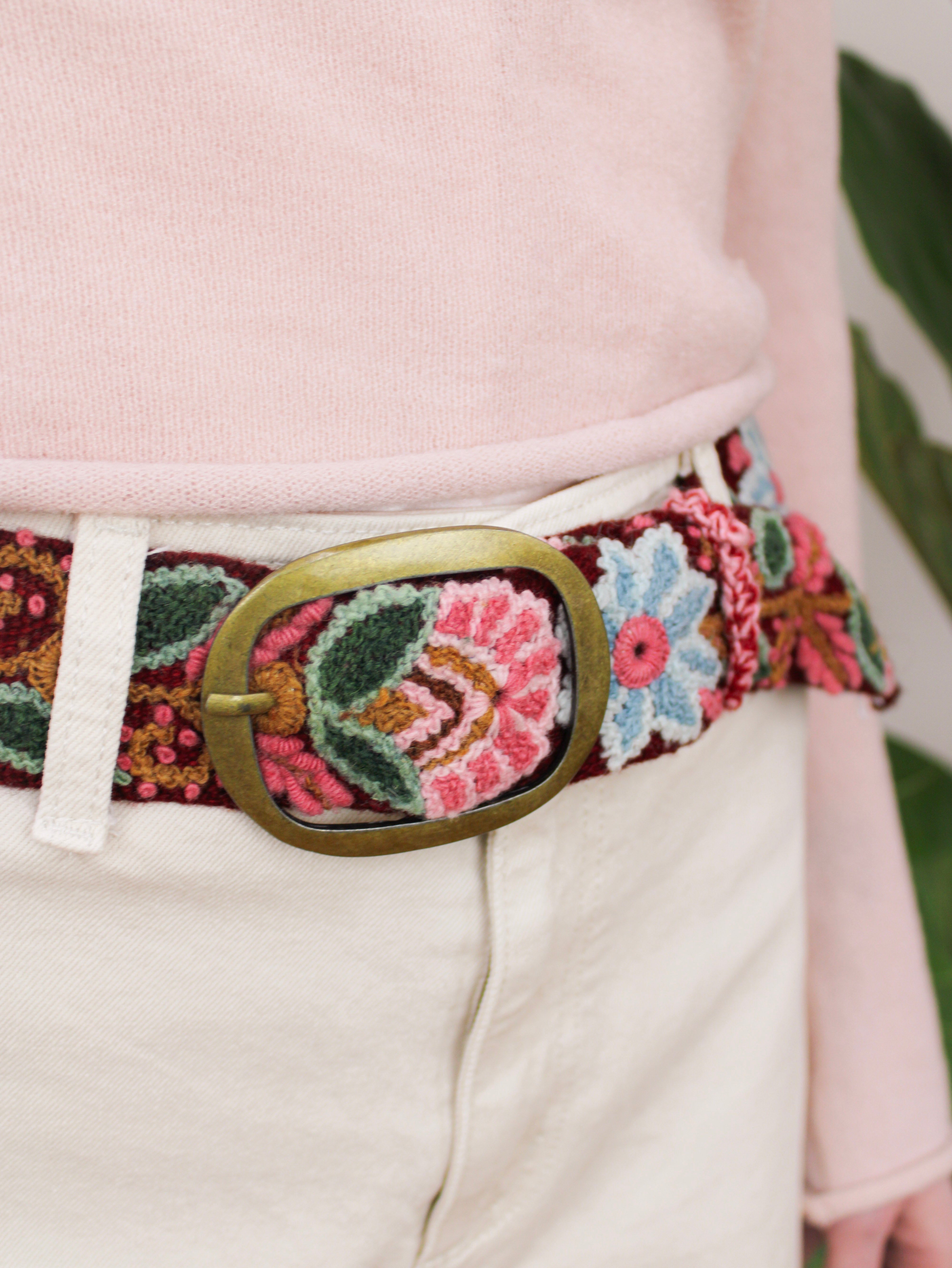 Ash & Rose Anabel Belt - Embroidered Burgundy and Blue Floral