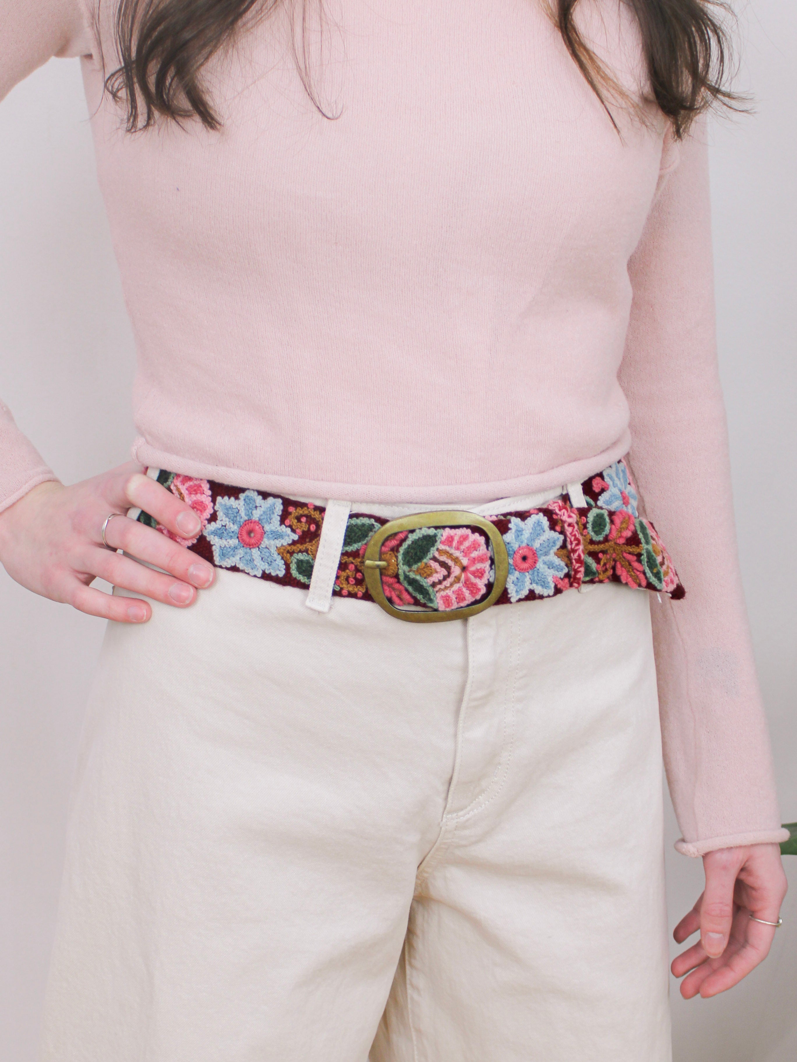 Ash & Rose Anabel Belt - Embroidered Burgundy and Blue Floral