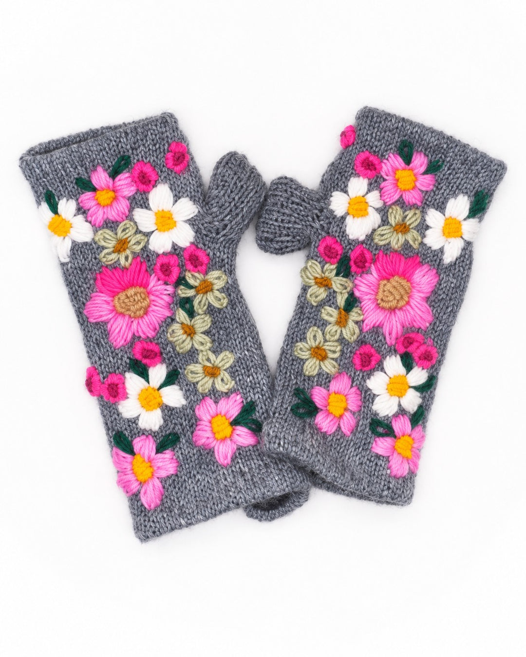 Bailey’s Gray Floral Hand-Embroidered Wool Handwarmers