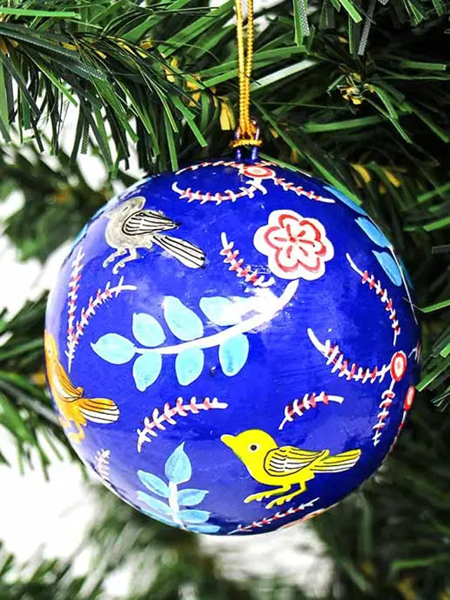 Blue Birds and Flowers Paper Mache Ornament