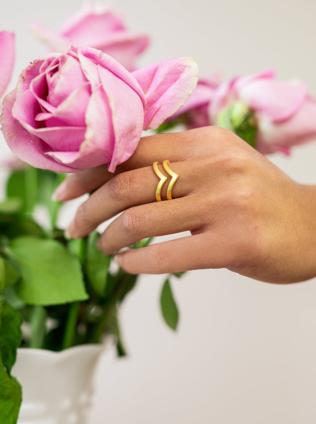 Ash Rose Double Wave Ring Chevron Stacking Ring with 18k Gold