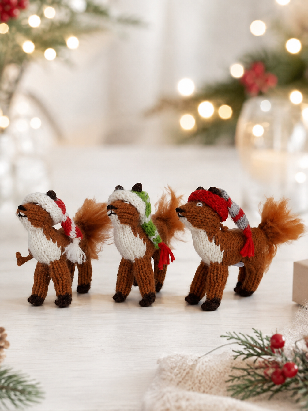 Three small knitted fox ornaments wearing festive Christmas hats and scarves, arranged on a light tabletop with blurred holiday lights and pine greenery in the background.