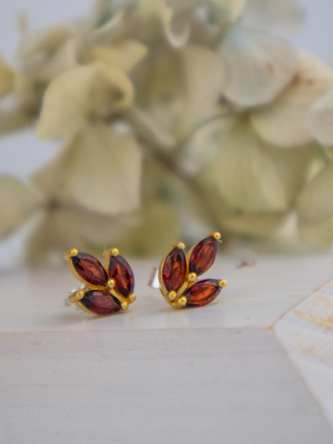 Ash Rose Tri Leaf Stud Earrings Semi-Precious Gemstones 18k