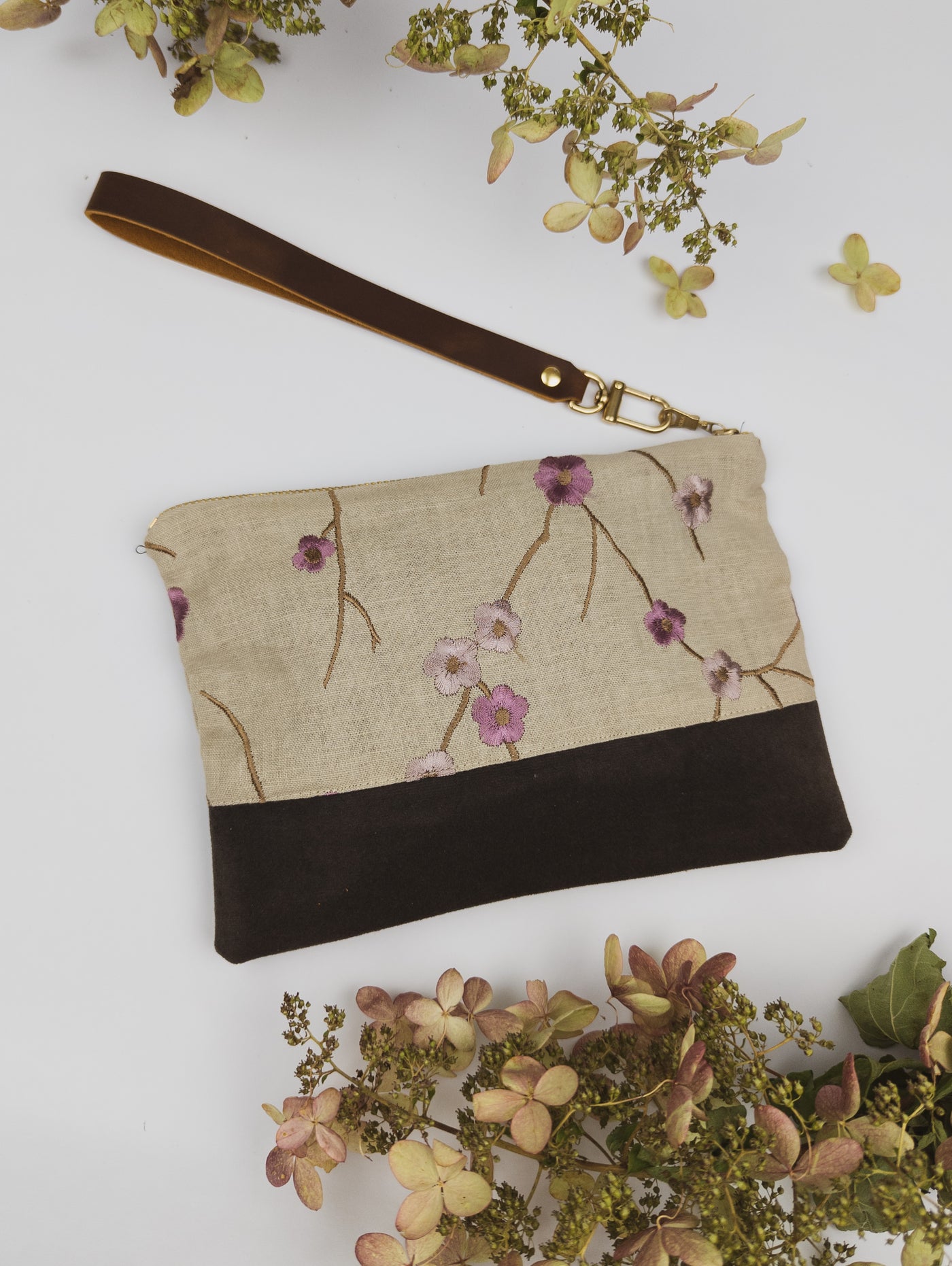 Alice Embroidered Linen Wristlet
