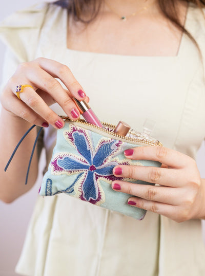 Enchanting Azure Embroidered Mini Pouch