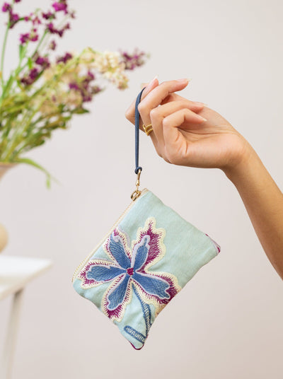 Enchanting Azure Embroidered Mini Pouch