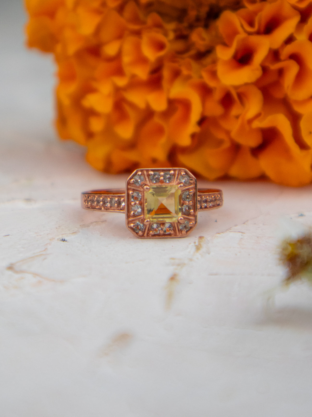 Rose Gold, Citrine and Zircon Pave Cushion Cut Ring