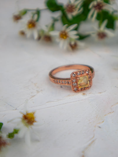 Rose Gold, Citrine and Zircon Pave Cushion Cut Ring