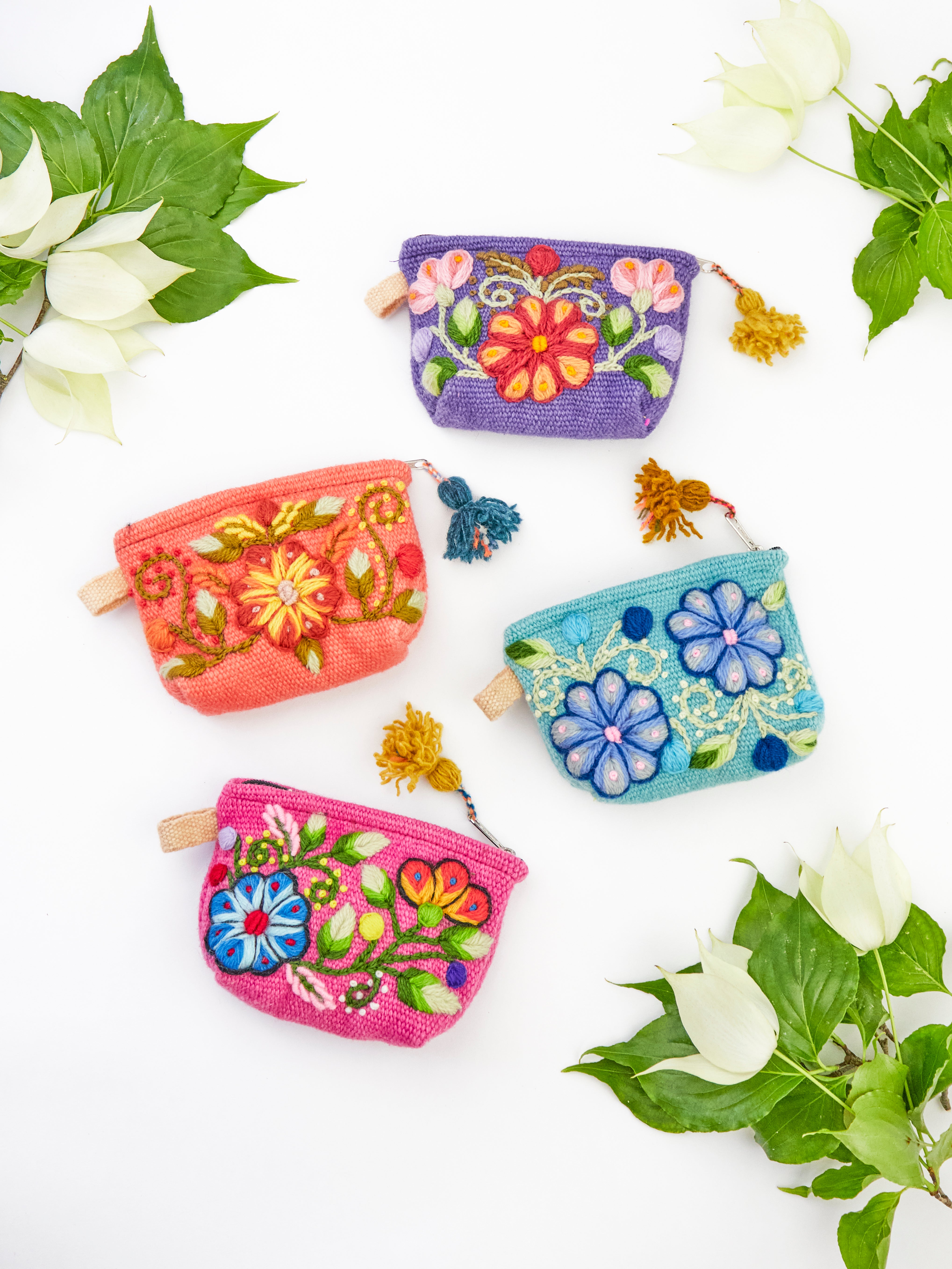 Victoria Hand Embroidered Coin Purse, Colorful Floral Mini Pouch