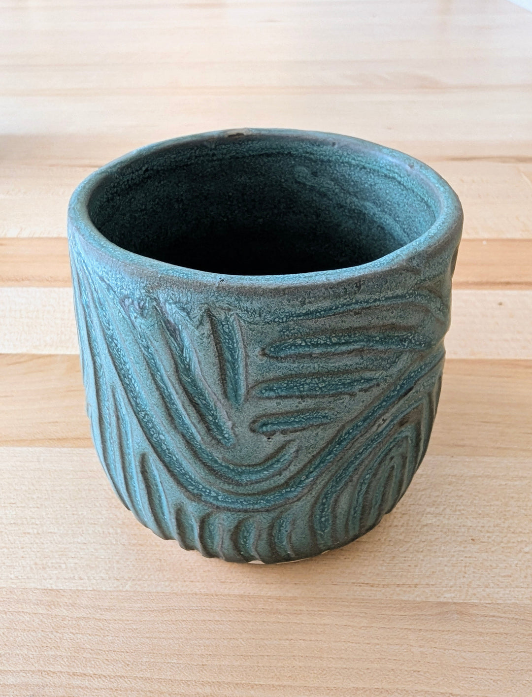Hand-carved ceramic pot in Green/Bronze glaze, by Ash &amp; Rose