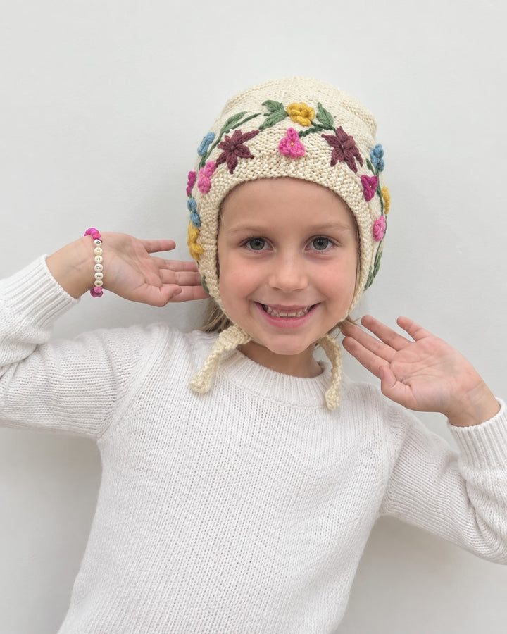 Baby Bees &amp; Flowers Handknit Wool Bonnet