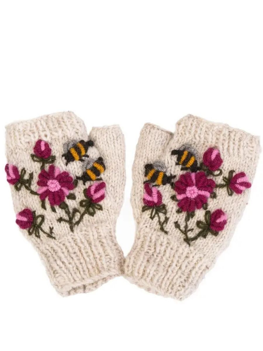 Bees &amp; Flowers Handknit Wool Handwarmers