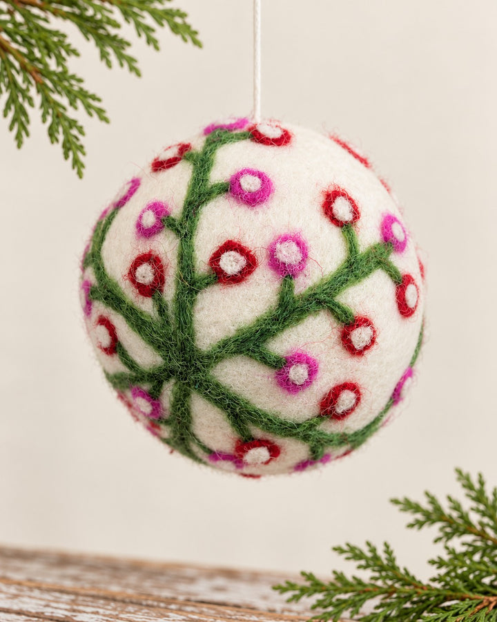 Hand Felted Wool Ball Ornament - Berry Spray