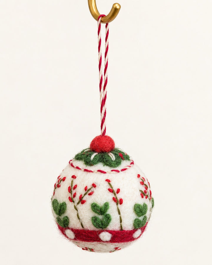 Dainty Embroidered Wool Ball Ornament  - Berry Branch