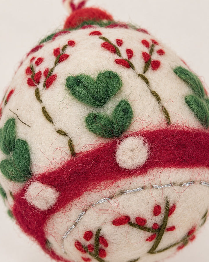 Dainty Embroidered Wool Ball Ornament  - Berry Branch