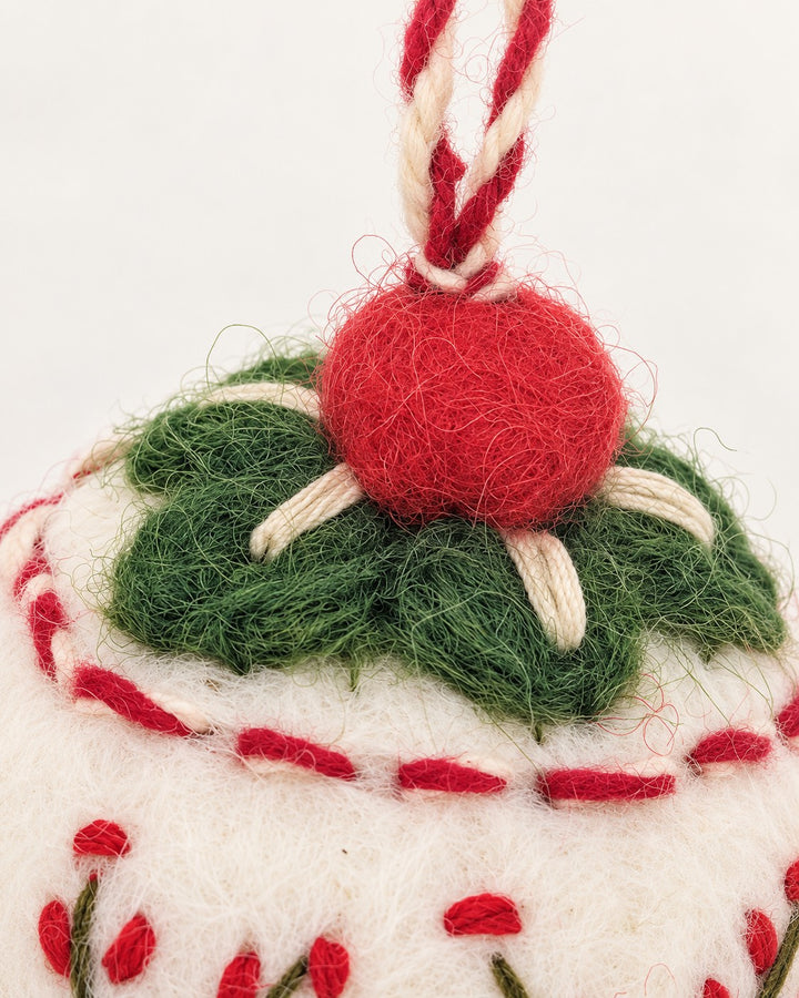 Dainty Embroidered Wool Ball Ornament  - Berry Branch