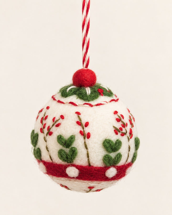 Dainty Embroidered Wool Ball Ornament  - Berry Branch