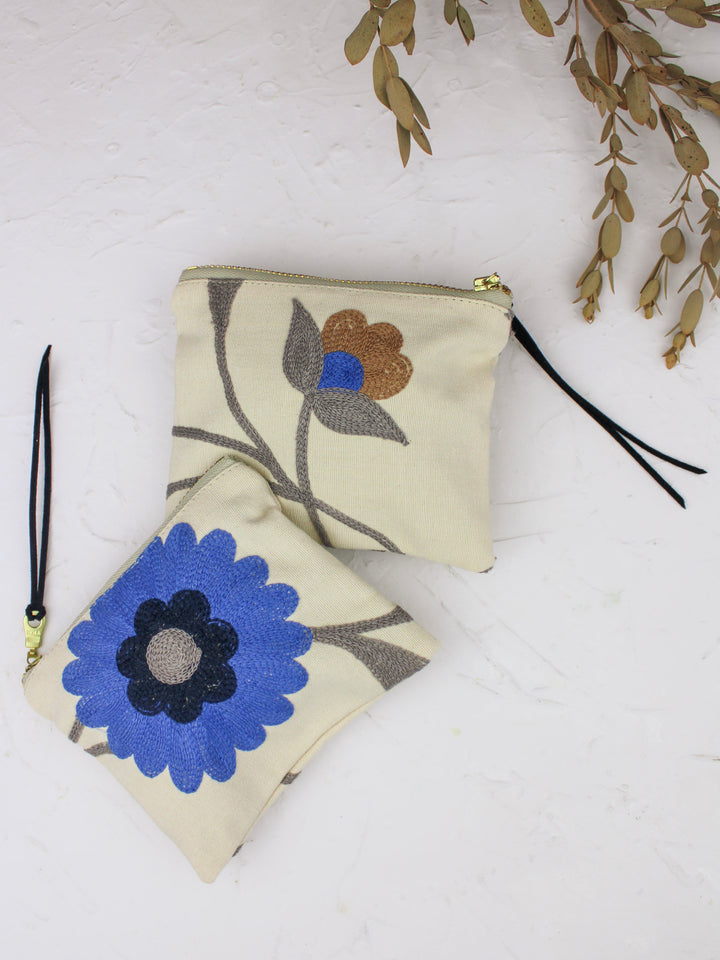 Blue Poppy Embroidered Mini Pouch
