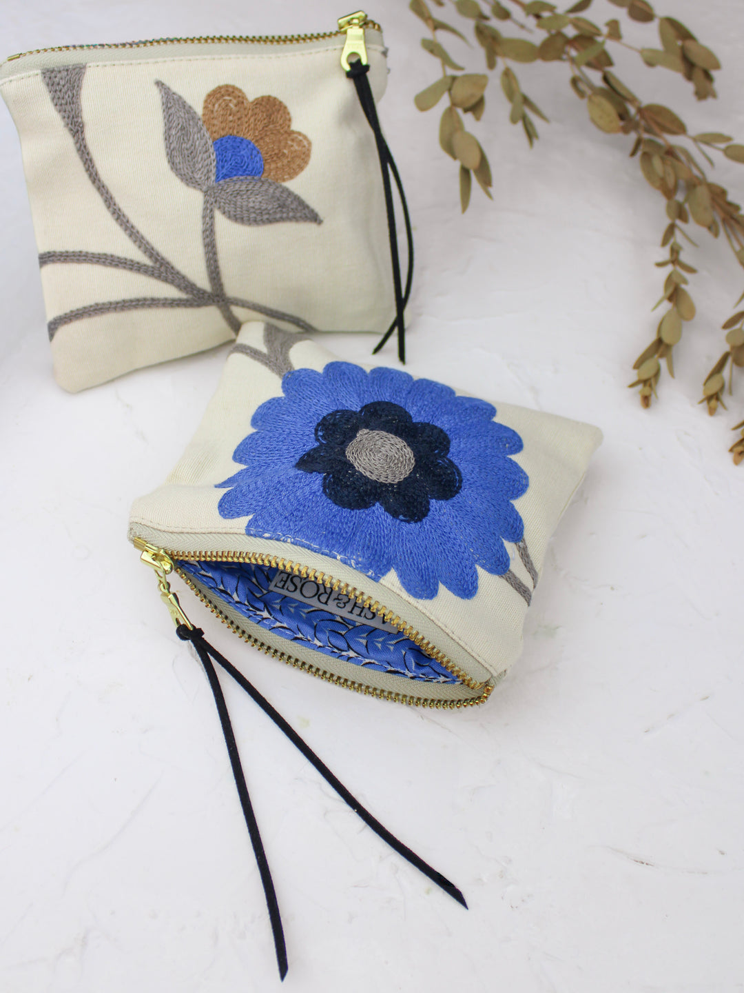 Blue Poppy Embroidered Mini Pouch