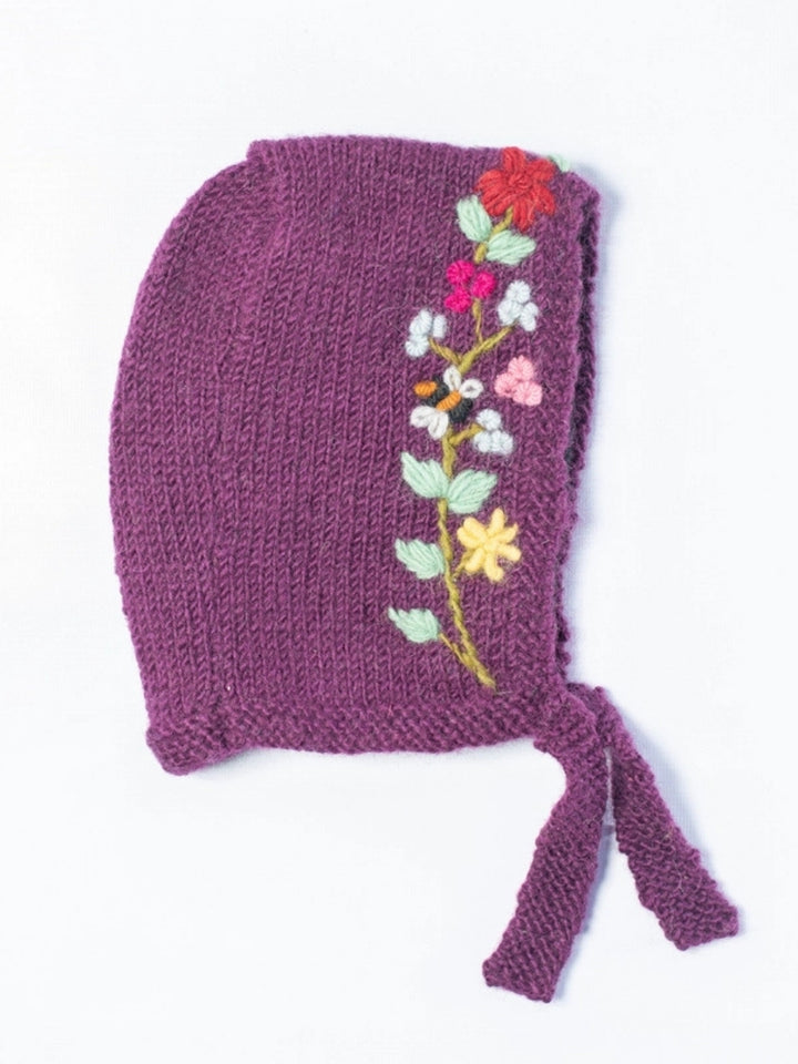 Baby Bees &amp; Flowers Handknit Wool Bonnet