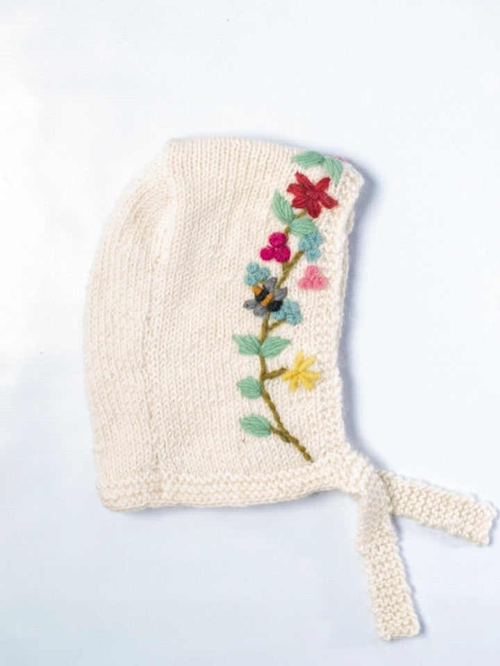 Baby Bees &amp; Flowers Handknit Wool Bonnet