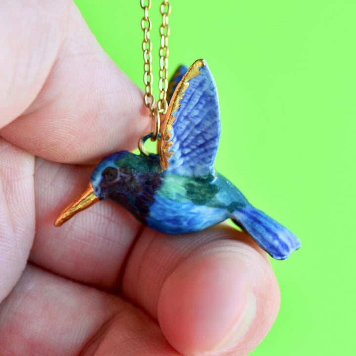 Hand-Painted Porcelain Hummingbird Necklace