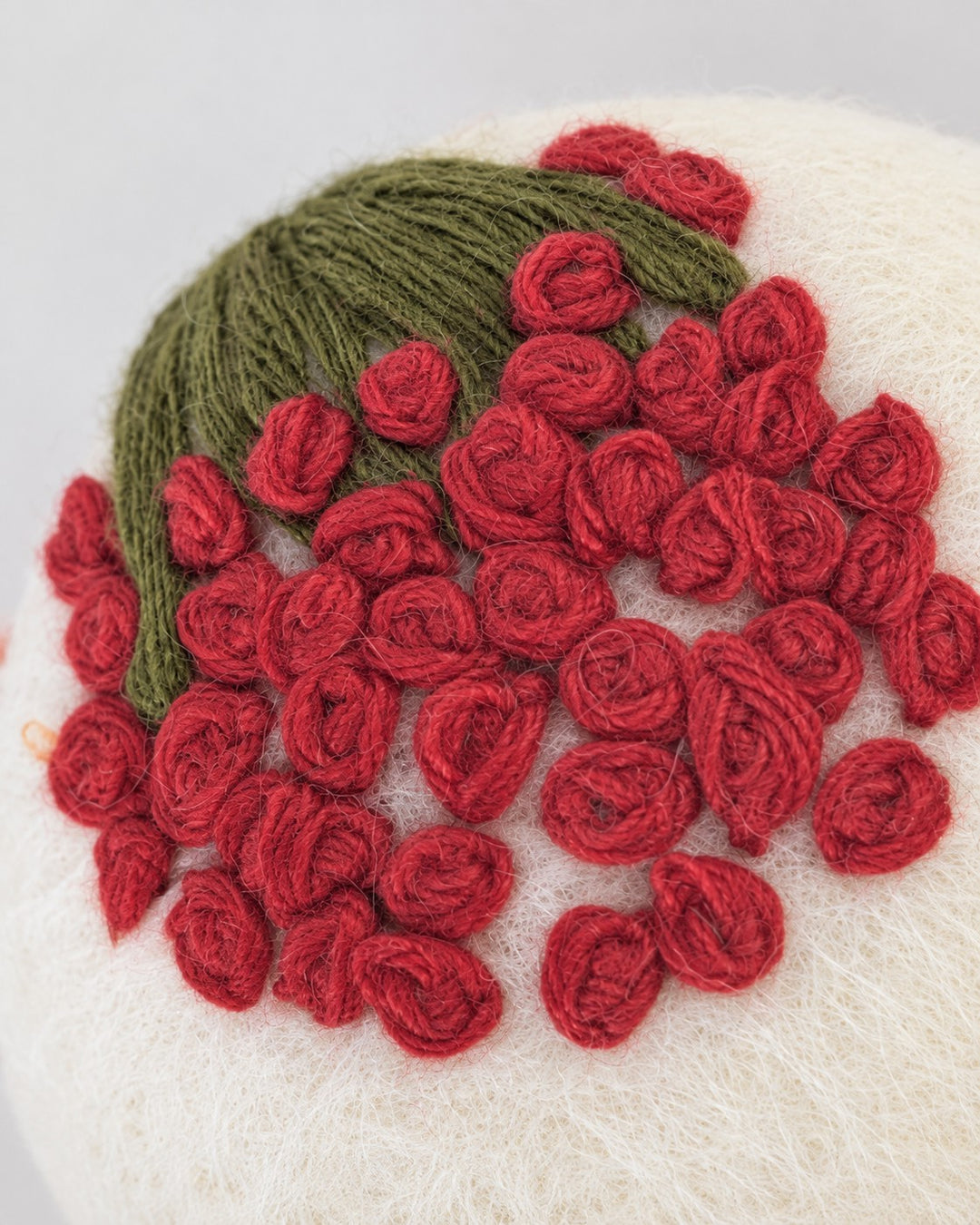 Dainty Embroidered Wool Ball Ornament  - Red Flowers