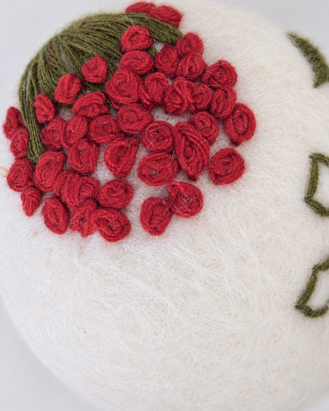 Dainty Embroidered Wool Ball Ornament  - Red Flowers