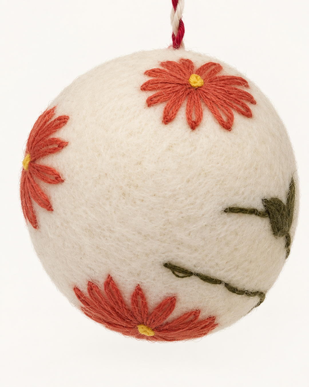 Dainty Embroidered Wool Ball Ornament  - Red Flowers