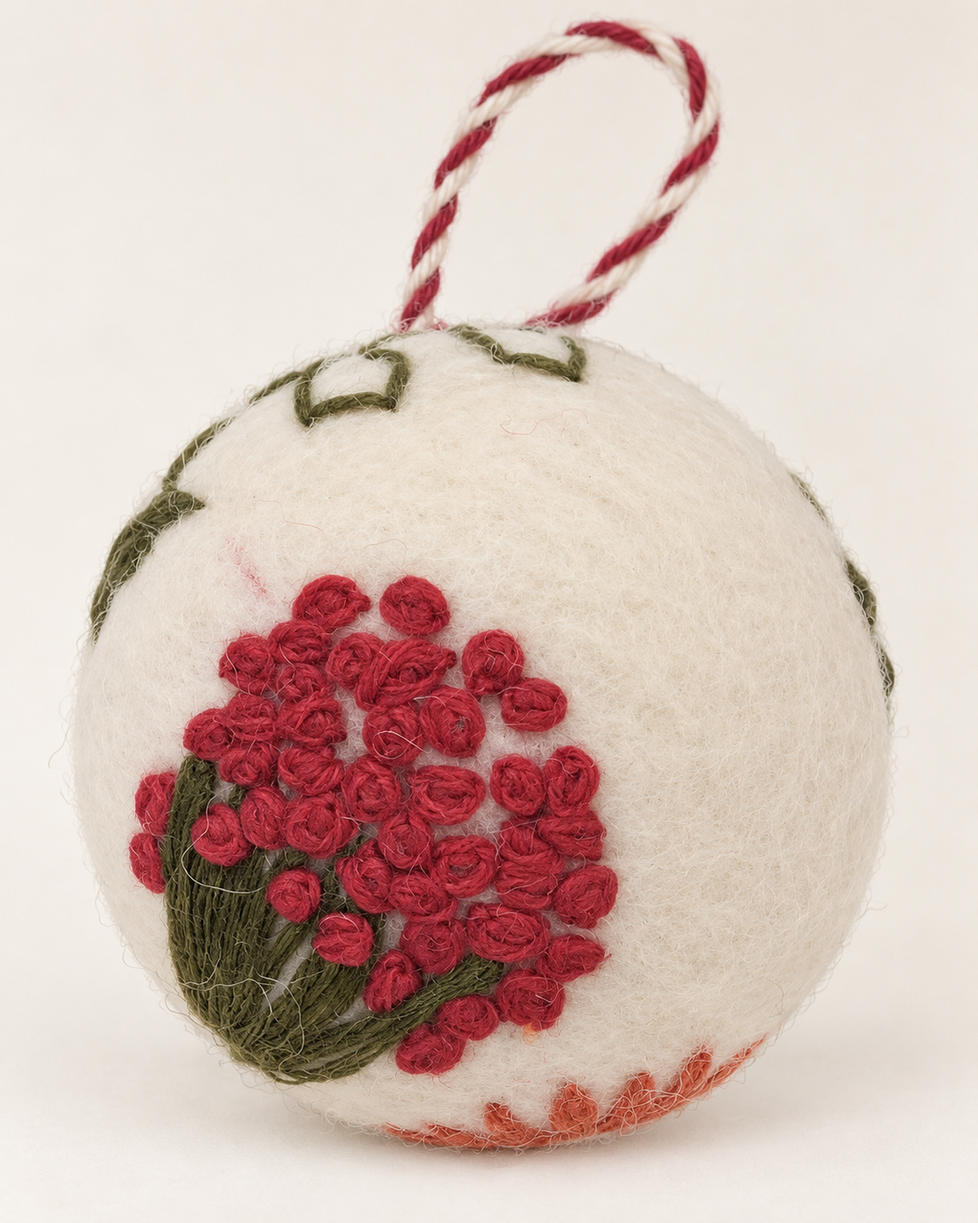 Dainty Embroidered Wool Ball Ornament  - Red Flowers