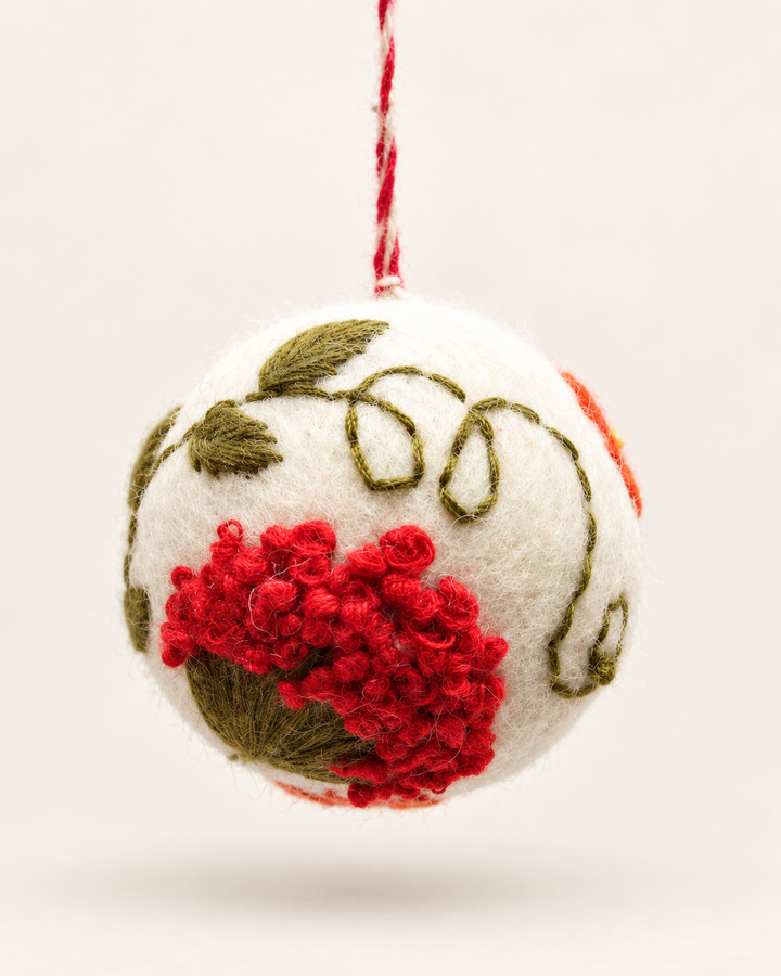 Dainty Embroidered Wool Ball Ornament  - Red Flowers