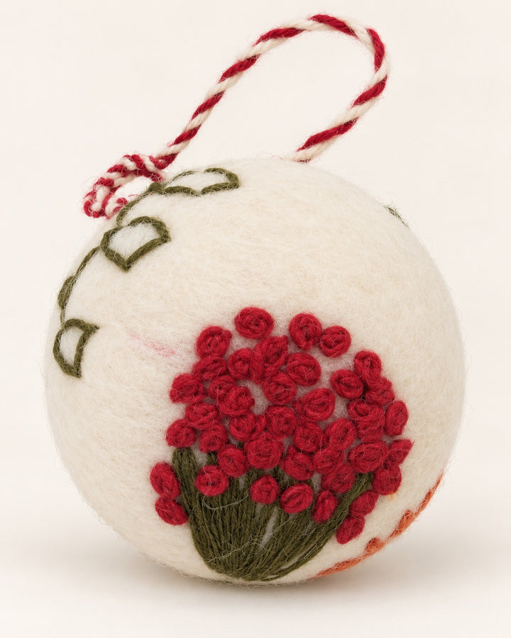 Dainty Embroidered Wool Ball Ornament  - Red Flowers