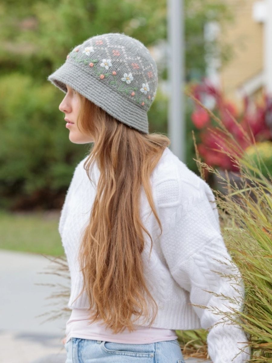 Emma Handknit  Wool  Embroidered Bucket Hat