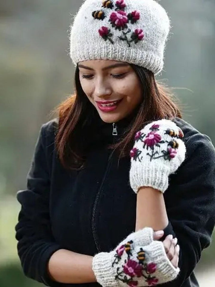 Bees &amp; Flowers Handknit Wool Handwarmers