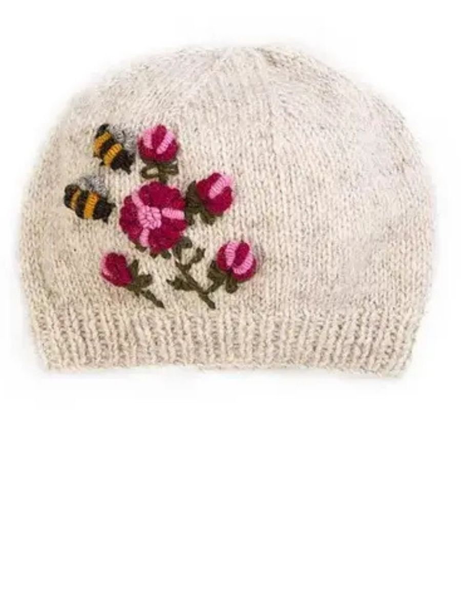 Bees &amp; Flowers Handknit Wool Hat