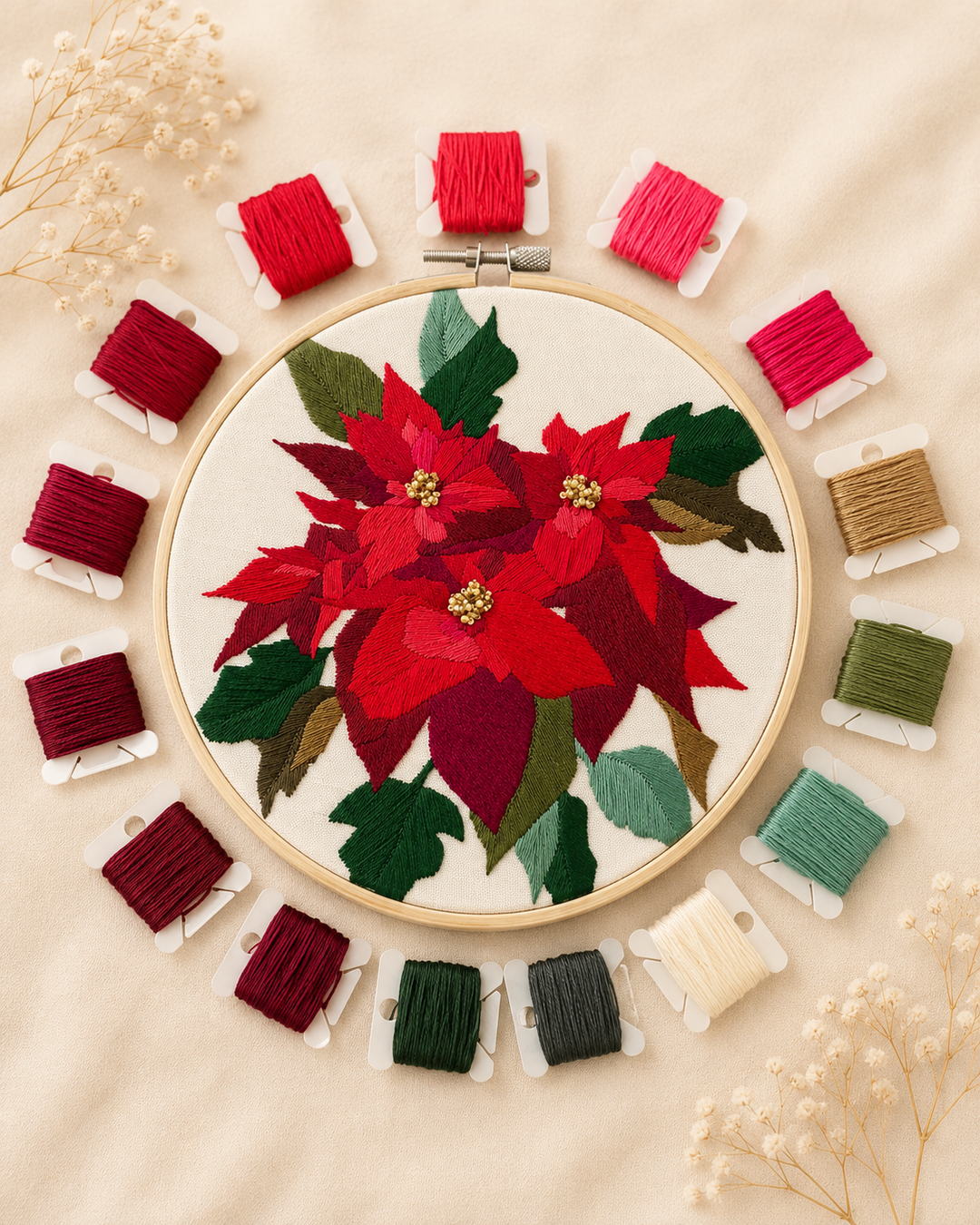 Poinsettia Embroidery &amp; Beadwork Kit – Kate Wyatt Fine Art