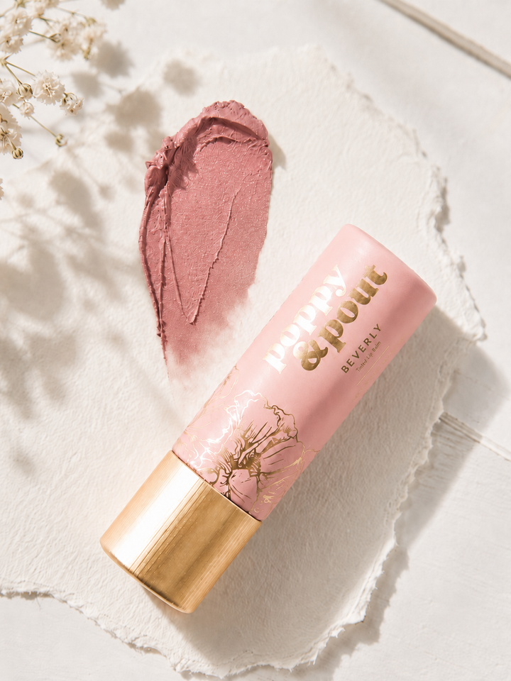 Poppy &amp; Pout Beverly lip tint, mauve pink tinted lip balm in a cardboard tube