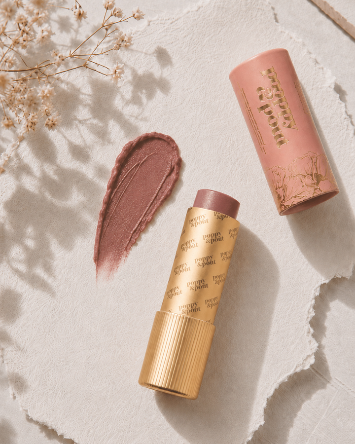 Poppy &amp; Pout Charlie lip tint, cool nude tinted lip balm in a cardboard tube