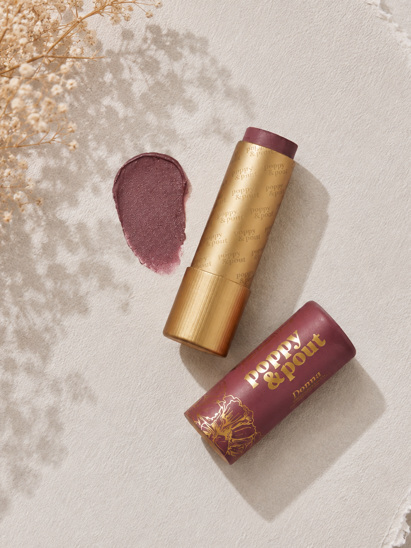 Poppy &amp; Pout Donna lip tint, soft plum tinted lip balm in a cardboard tube