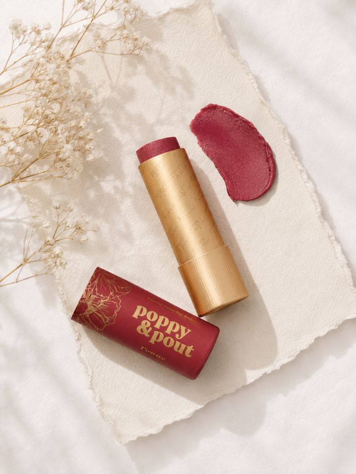 Poppy &amp; Pout Penny lip tint, red tinted lip balm in a cardboard tube