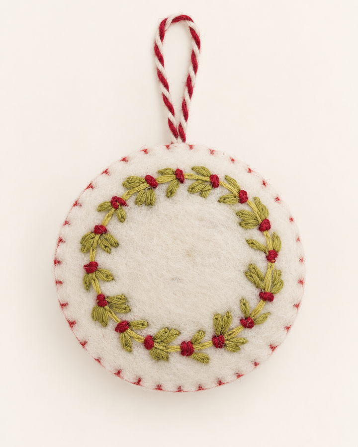 Dainty Embroidered Wool Puffy Ornament  - Wreath