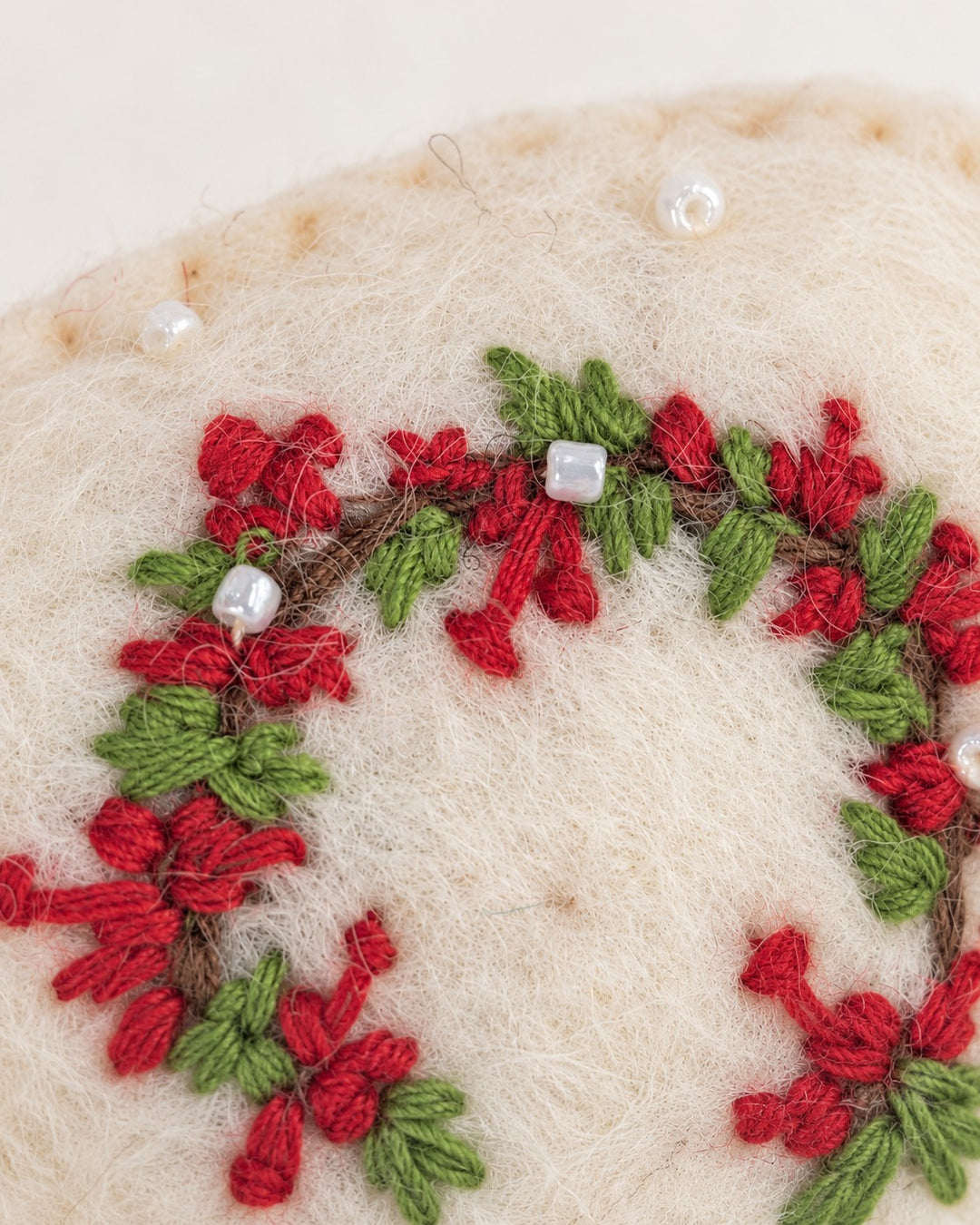 Dainty Embroidered Wool Puffy Ornament  - Heart