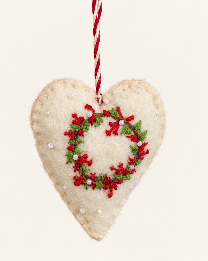 Dainty Embroidered Wool Puffy Ornament  - Heart
