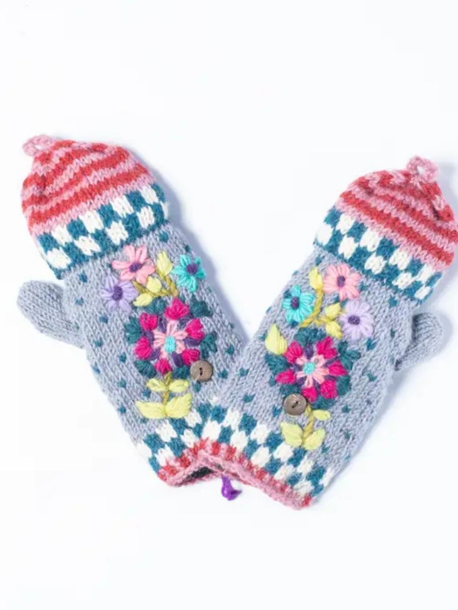 Purni Flower Dotted Handknit Wool Convertible Mittens