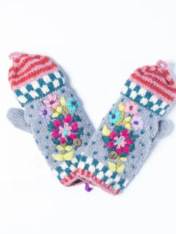 Purni Flower Dotted Handknit Wool Convertible Mittens