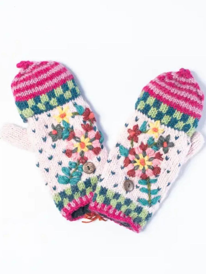 Purni Flower Dotted Handknit Wool Convertible Mittens