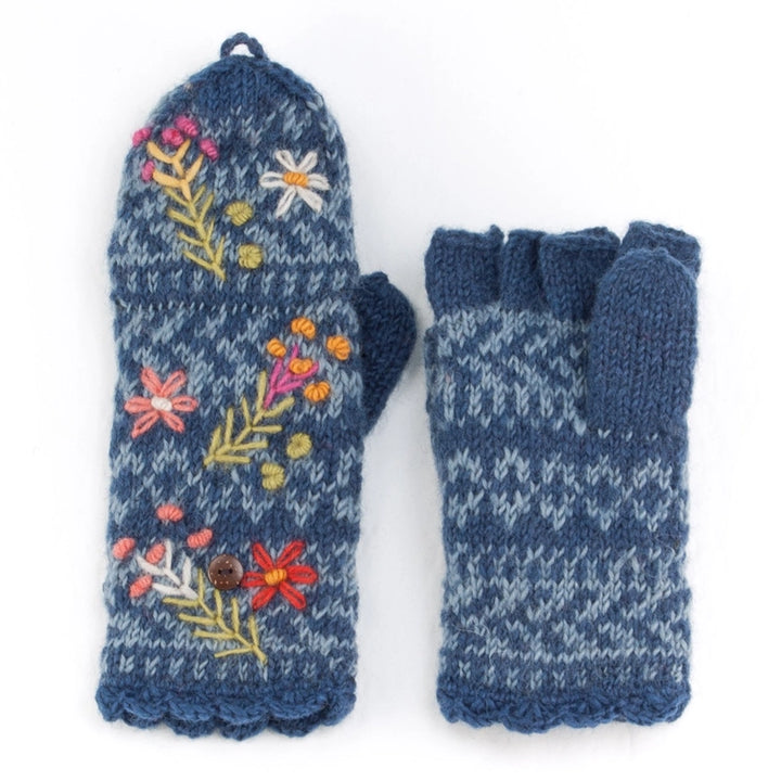 Sadie Hand Knit Wool Convertible Mittens - Embroidered