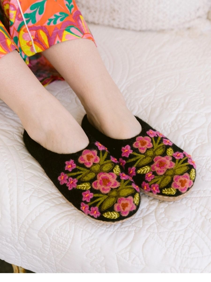 French Knot Secret Garden Embroidered Wool Slippers