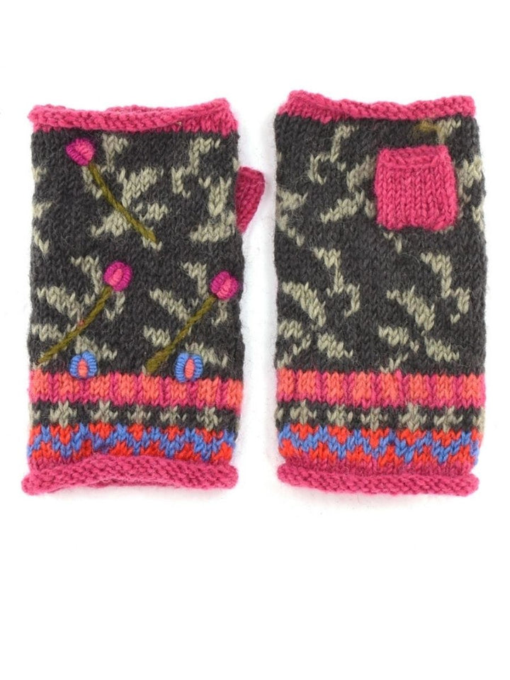Verbier Hand Knit Wool Handwarmer Mittens - Embroidered