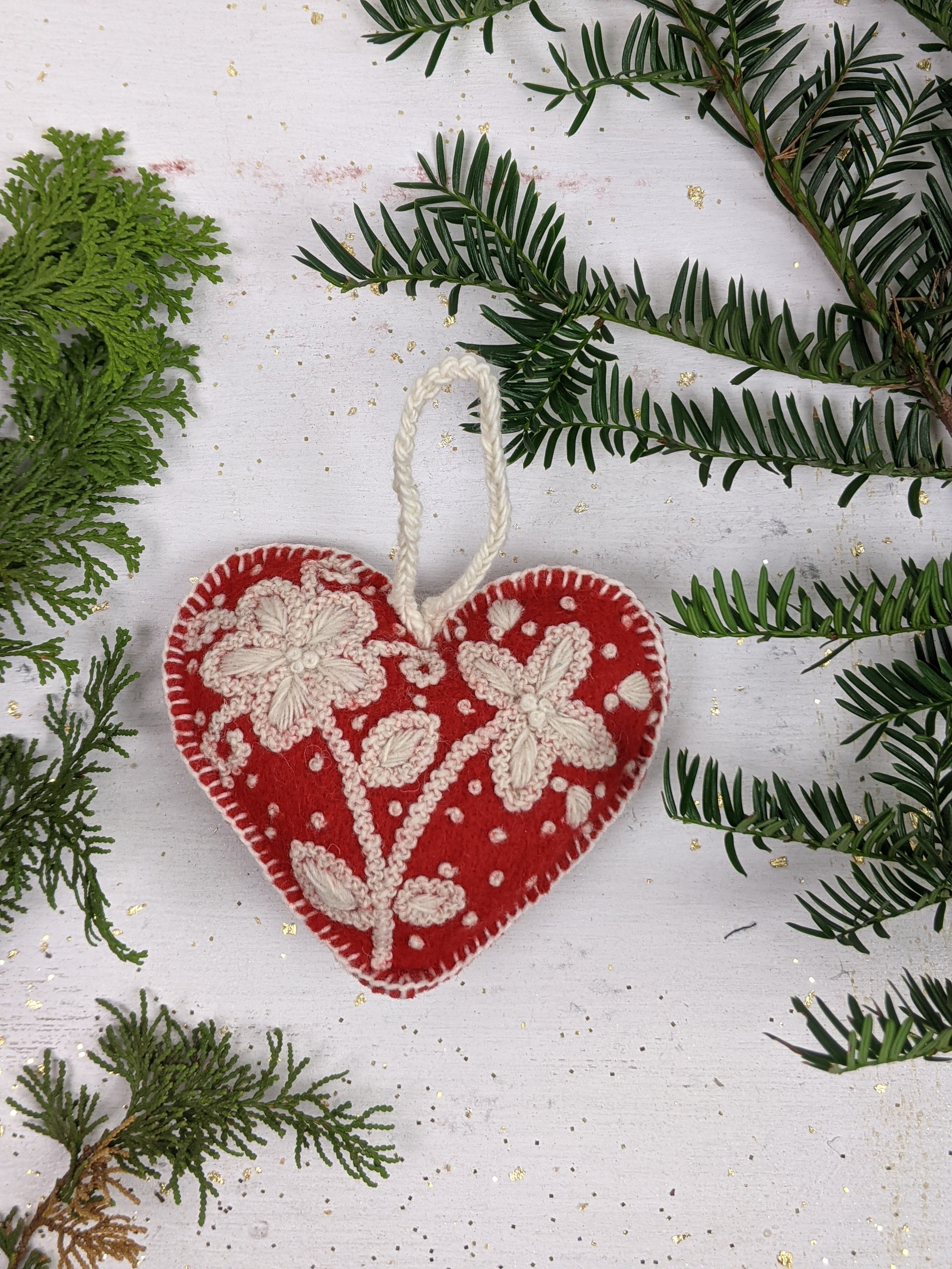 Melange Embroidered Heart Ornament, white on red, hand made in